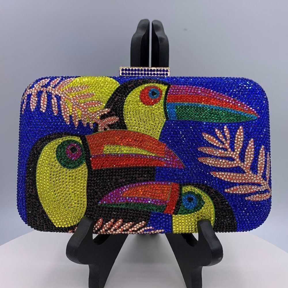 Clutch NWOT, clamshell, shoulder bag, colourful crystals, holds phone
